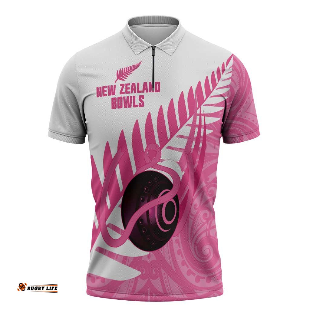 New Zealand Lawn Bowls Breast Cancer Custom Zipper Polo Shirt Aotearoa Maori Silver Fern Pink Ribbon LT14