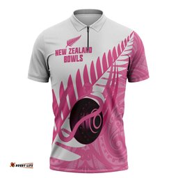 New Zealand Lawn Bowls Breast Cancer Custom Zipper Polo Shirt Aotearoa Maori Silver Fern Pink Ribbon LT14