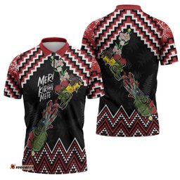New Zealand Christmas Taniko Poutama Zipper Polo Shirt Flora Map with Birds LT7