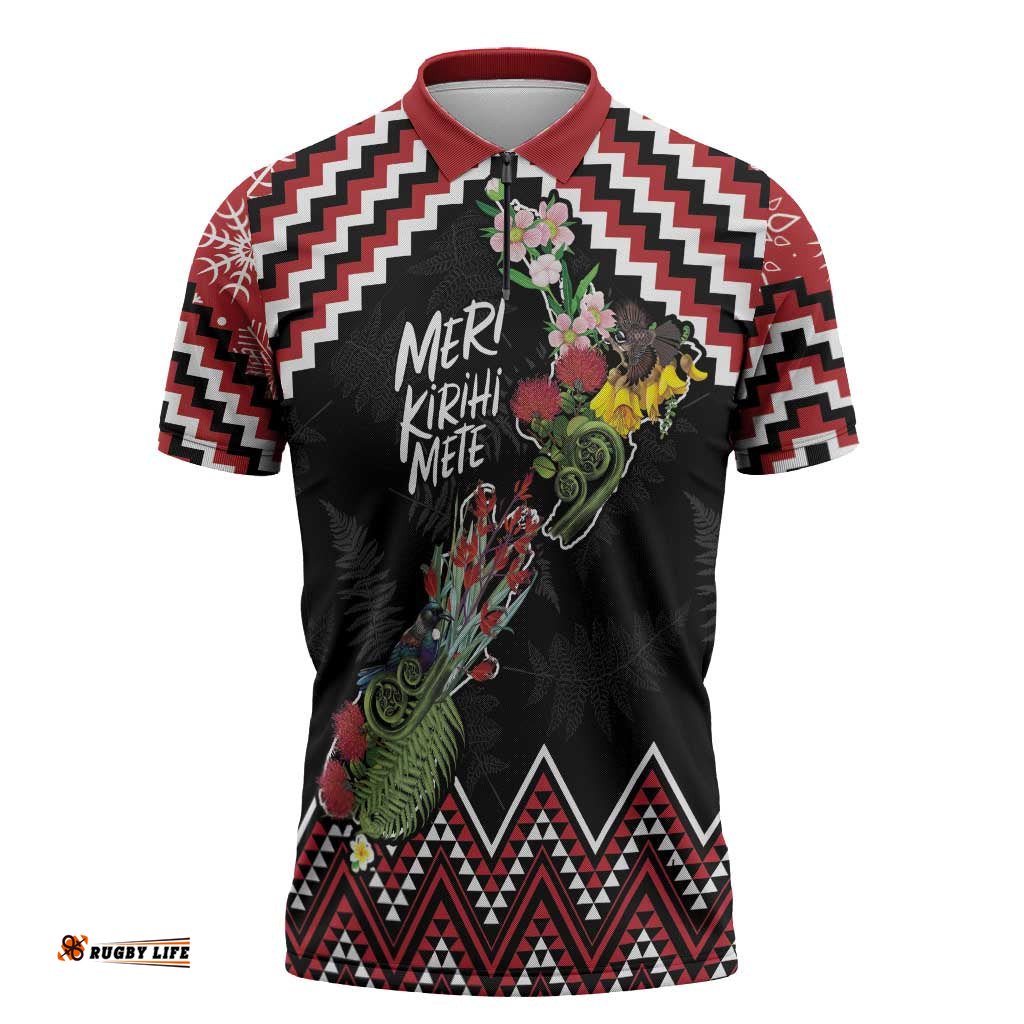 New Zealand Christmas Taniko Poutama Zipper Polo Shirt Flora Map with Birds LT7