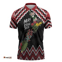 New Zealand Christmas Taniko Poutama Zipper Polo Shirt Flora Map with Birds LT7