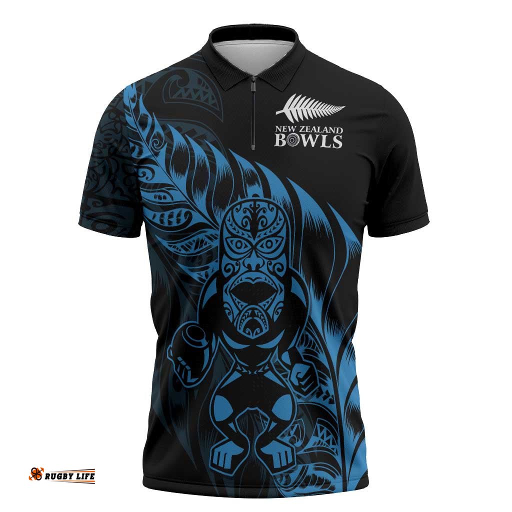 New Zealand Lawn Bowls Custom Zipper Polo Shirt Blue Maori Warrior Tribal Silver Fern LT9