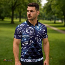 Matariki New Zealand Zipper Polo Shirt NZ Niho Taniwha Maori New Year Blue Galaxy LT14