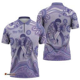 Personalised Epilepsy Awareness Zipper Polo Shirt Purple Ribbon Butterfly And Brain Aboriginal Art DT05