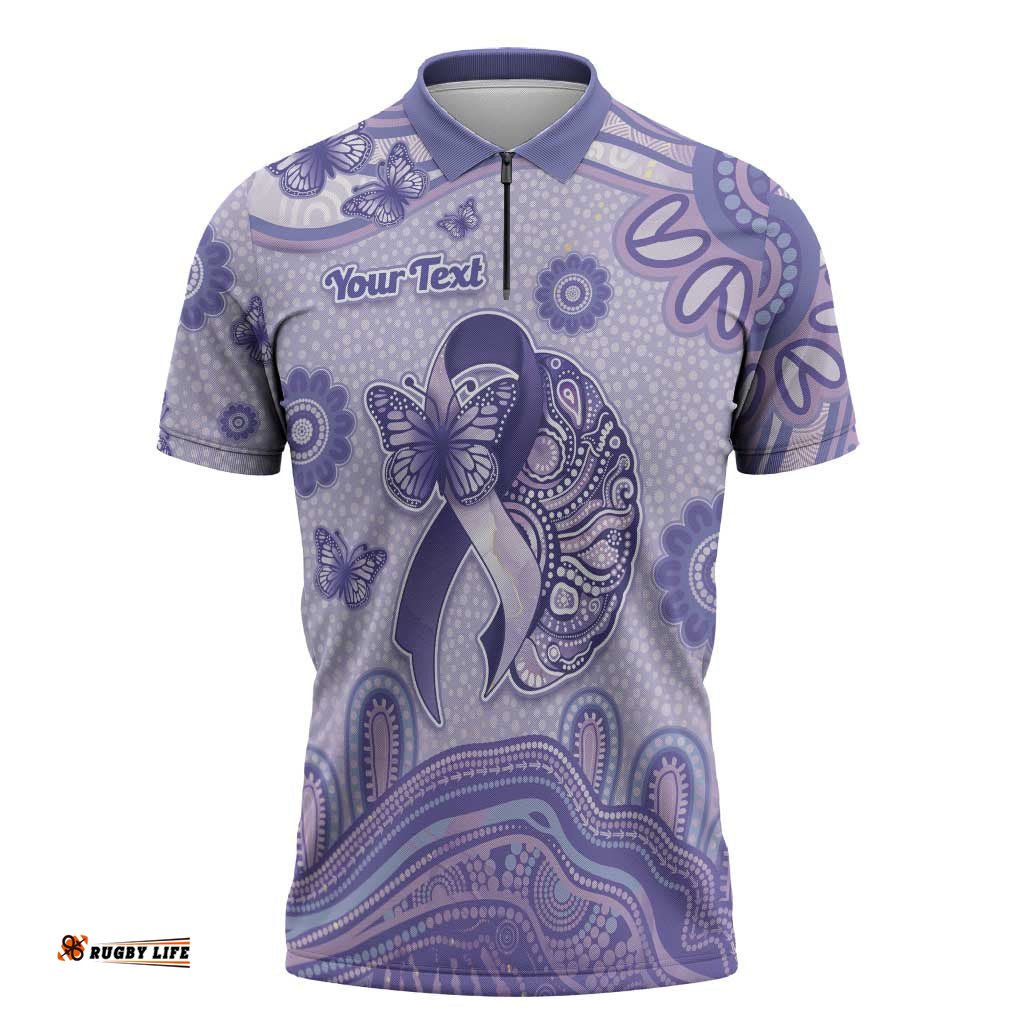 Personalised Epilepsy Awareness Zipper Polo Shirt Purple Ribbon Butterfly And Brain Aboriginal Art DT05