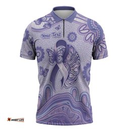Personalised Epilepsy Awareness Zipper Polo Shirt Purple Ribbon Butterfly And Brain Aboriginal Art DT05