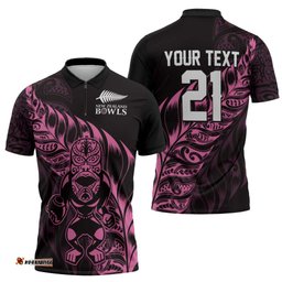 New Zealand Lawn Bowls Custom Zipper Polo Shirt Pink Maori Warrior Tribal Silver Fern LT9
