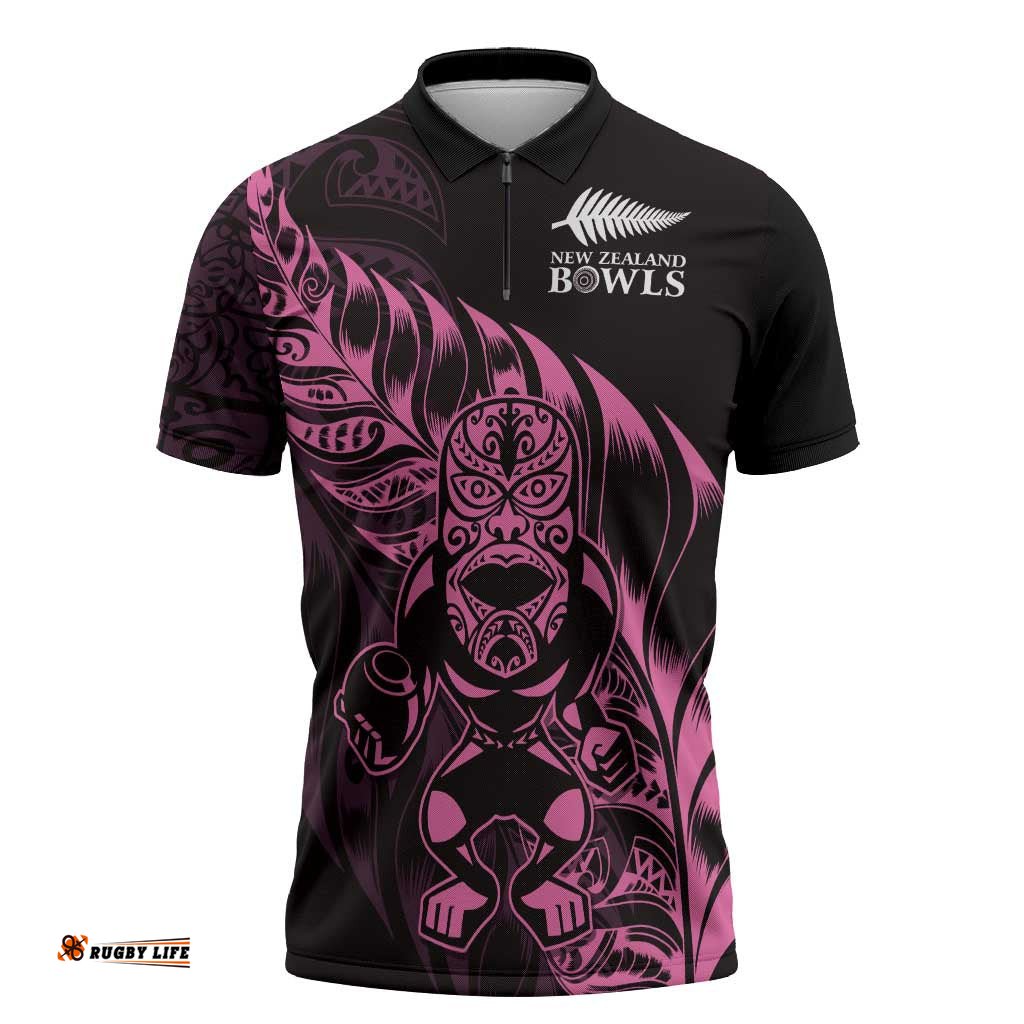 New Zealand Lawn Bowls Custom Zipper Polo Shirt Pink Maori Warrior Tribal Silver Fern LT9