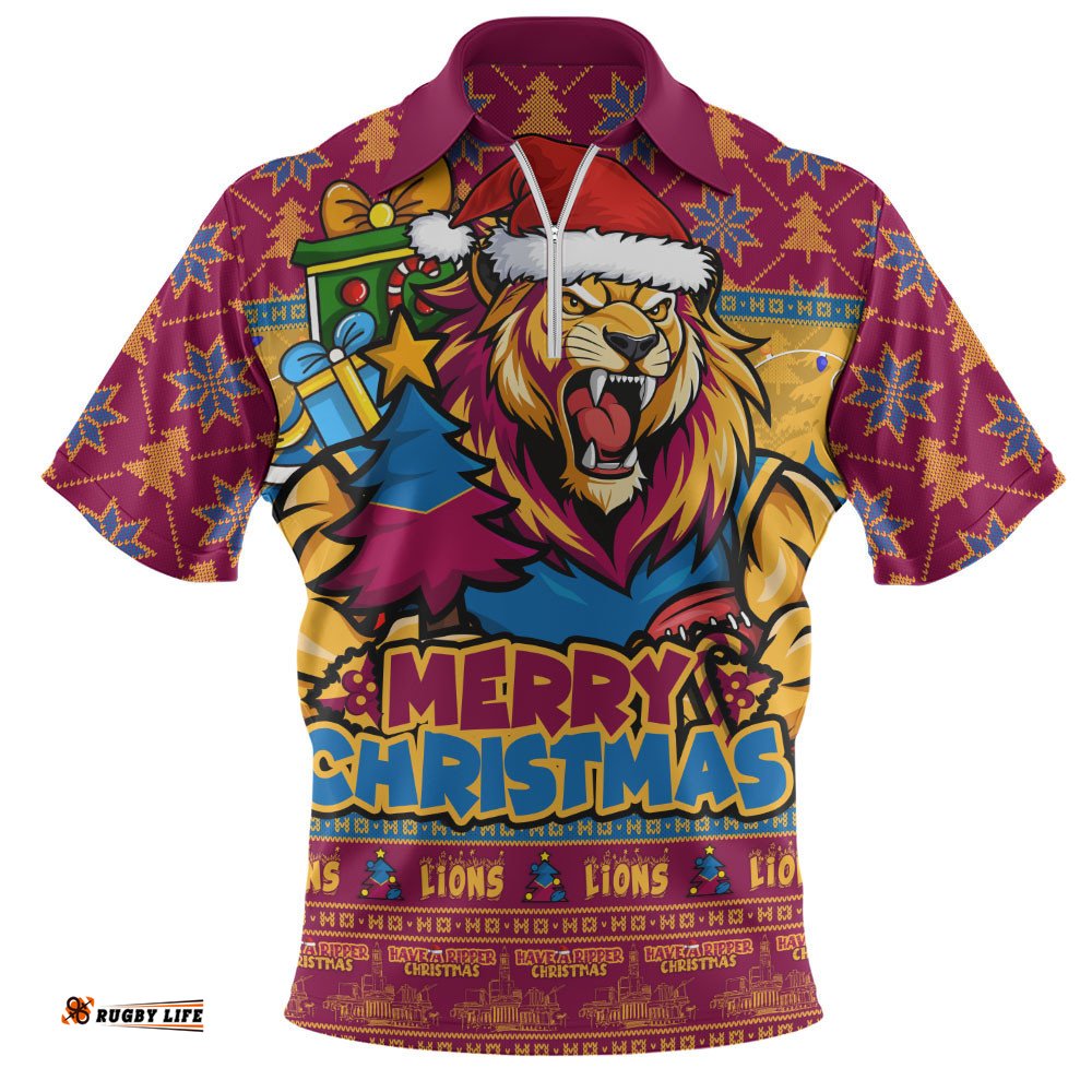 Brisbane Lions Zip Polo Shirt Festive Holiday Merry Christmas Vibe