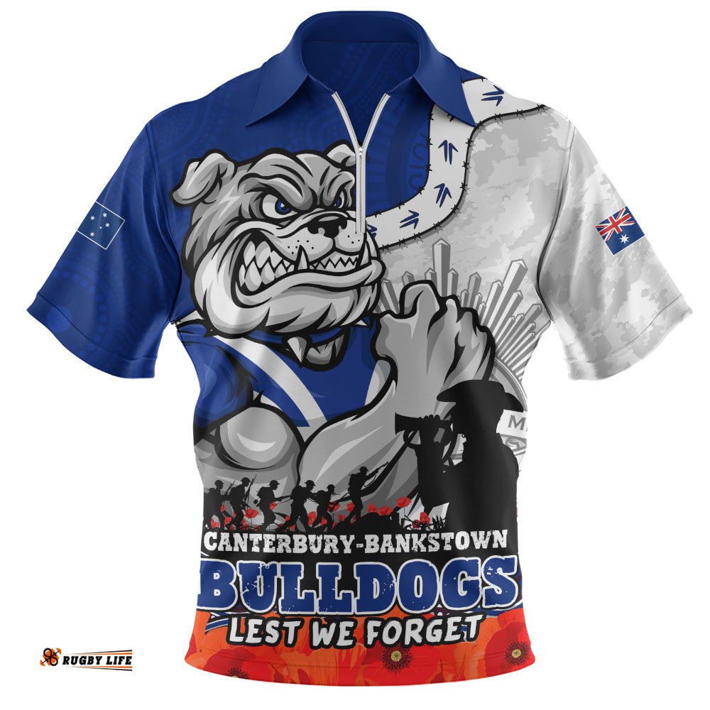Canterbury-Bankstown Bulldogs Zip Polo Shirt Anzac Day Remembrance Of Courage Loyalty Valor