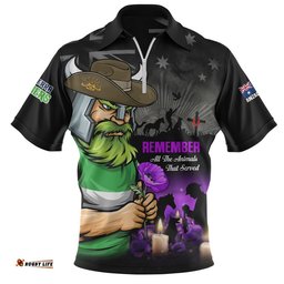 Canberra Raiders Zip Polo Shirt Anzac Day Purple Poppy And Animals That Served