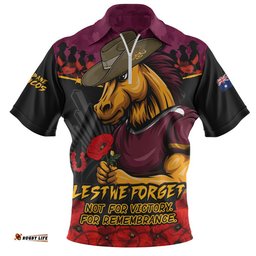 Brisbane Broncos Zip Polo Shirt ANZAC Day Red Poppy And Brave Hearts Remembrance