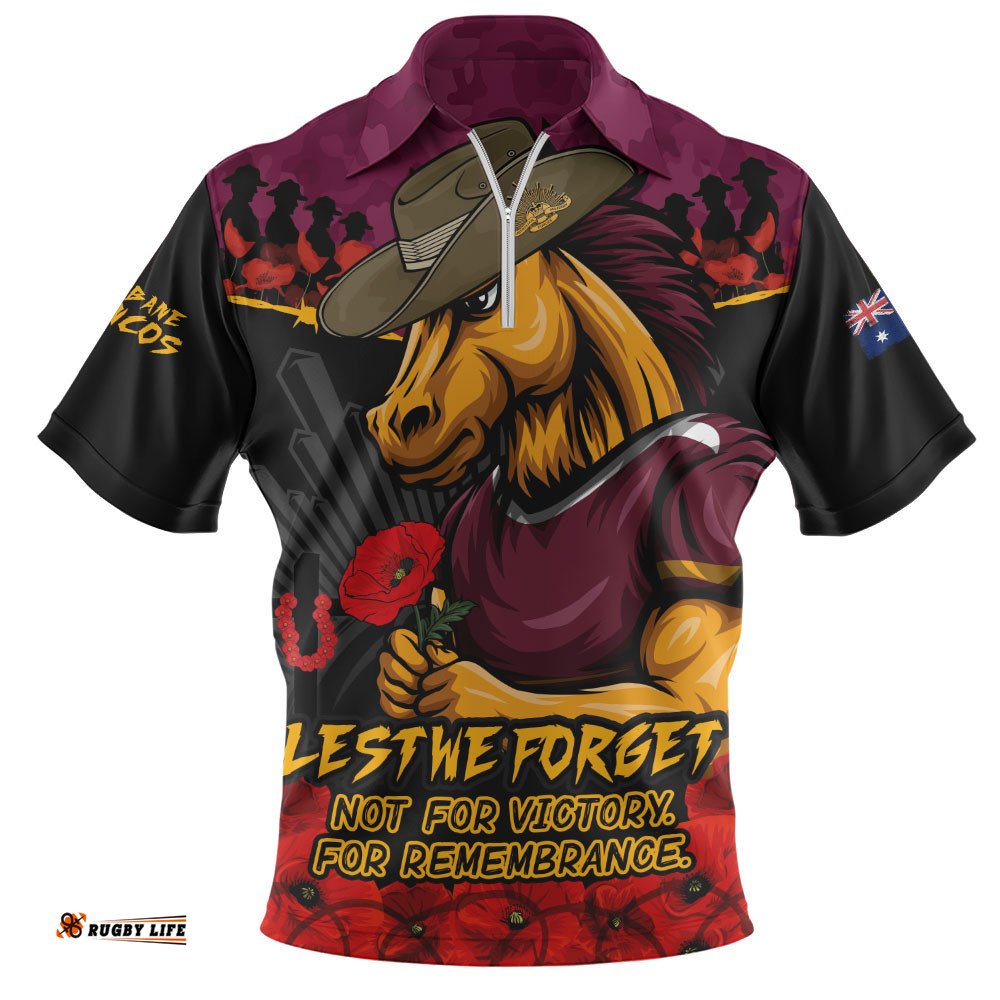 Brisbane Broncos Zip Polo Shirt ANZAC Day Red Poppy And Brave Hearts Remembrance