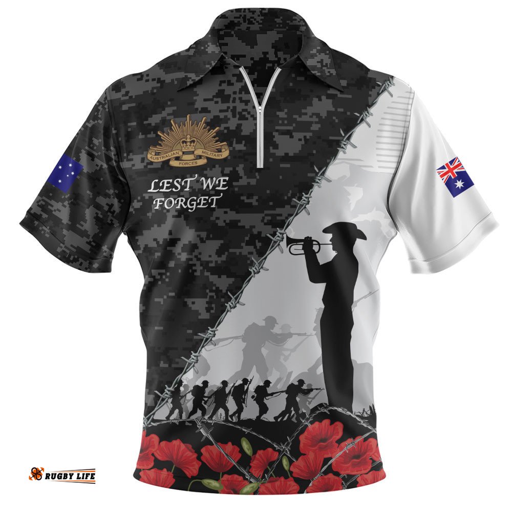 Australia Zip Polo Shirt Anzac Day Poppy And Barbed Wire Of Service