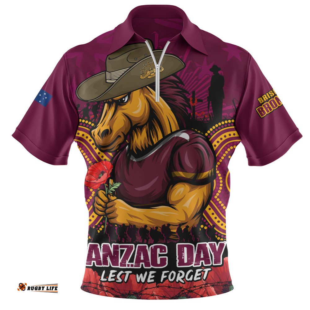 Brisbane Broncos Zip Polo Shirt Anzac Day Pride Of Service Eternal Memory