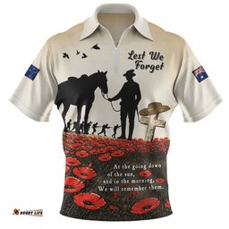 Australia Zip Polo Shirt Lest We Forget Light Horse Dawn Field
