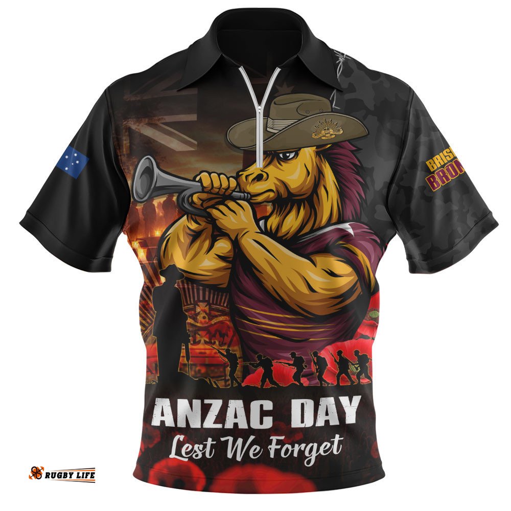 Brisbane Broncos Zip Polo Shirt Anzac Day Rising Dawn Ceremony Lest We Forget Courage