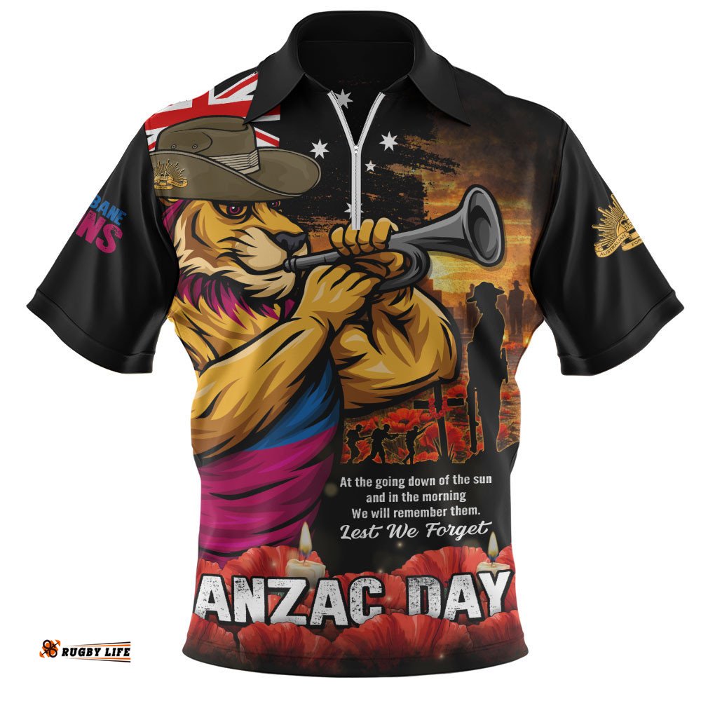 Brisbane Lions Zip Polo Shirt Anzac Day Dawn Of Courage Eternal Tribute