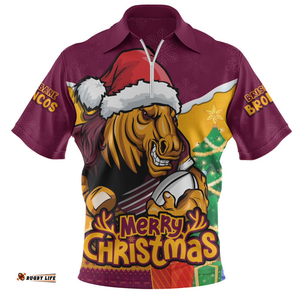 Brisbane Broncos Zip Polo Shirt Santa Scoring Touchdown On Christmas Game Day