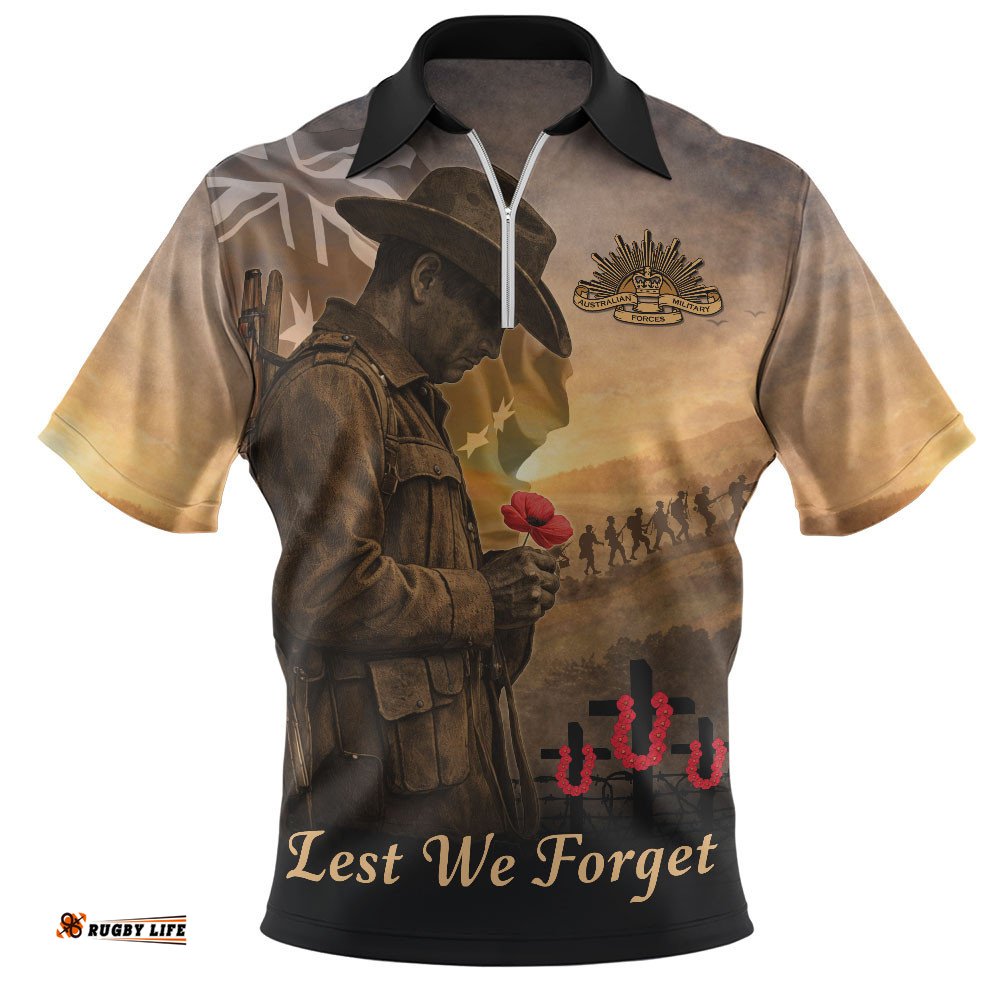 Australia Zip Polo Shirt Anzac Day At Dawn We Remember