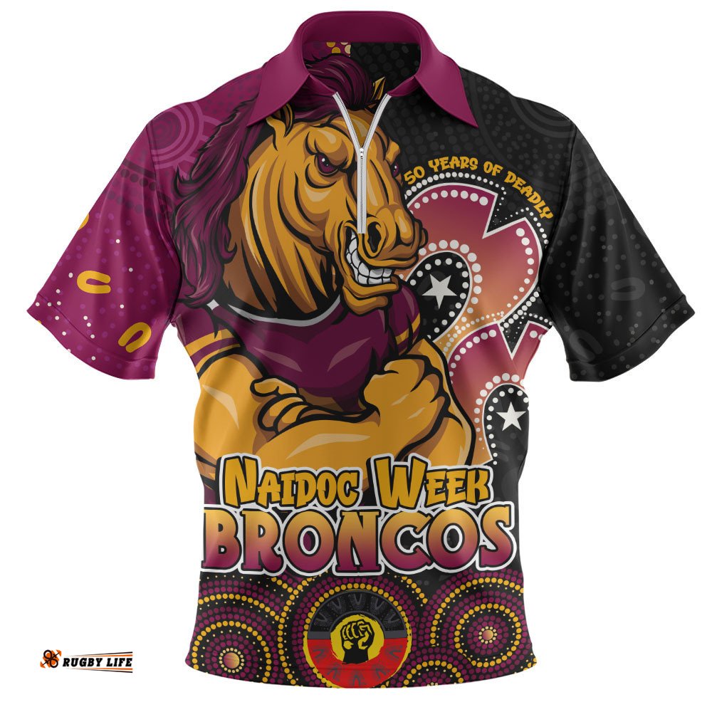 Brisbane Broncos Zip Polo Shirt NAIDOC Week 50 Years Of Deadly Indigenous Pattern