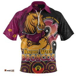Brisbane Broncos Zip Polo Shirt NAIDOC Week 50 Years Of Deadly Indigenous Pattern
