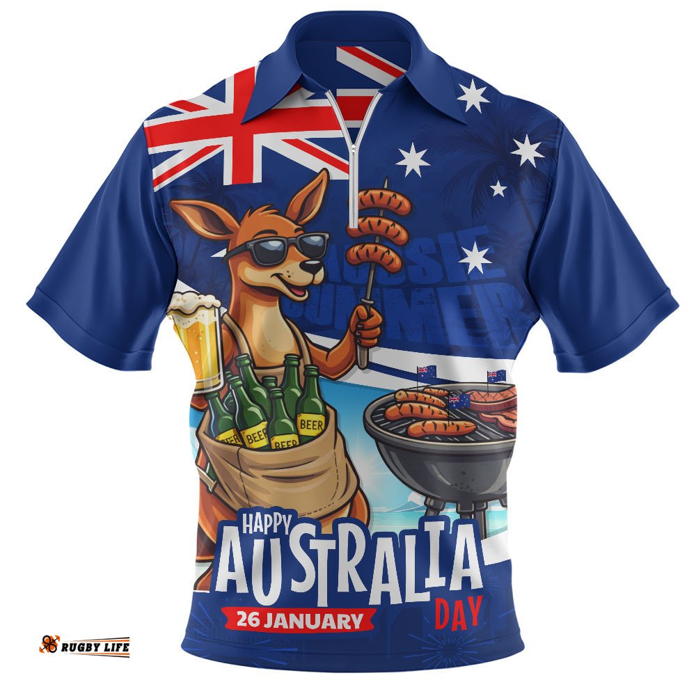 Australia Zip Polo Shirt Australia Day Kangaroo Aussie Summer Beachside BBQ