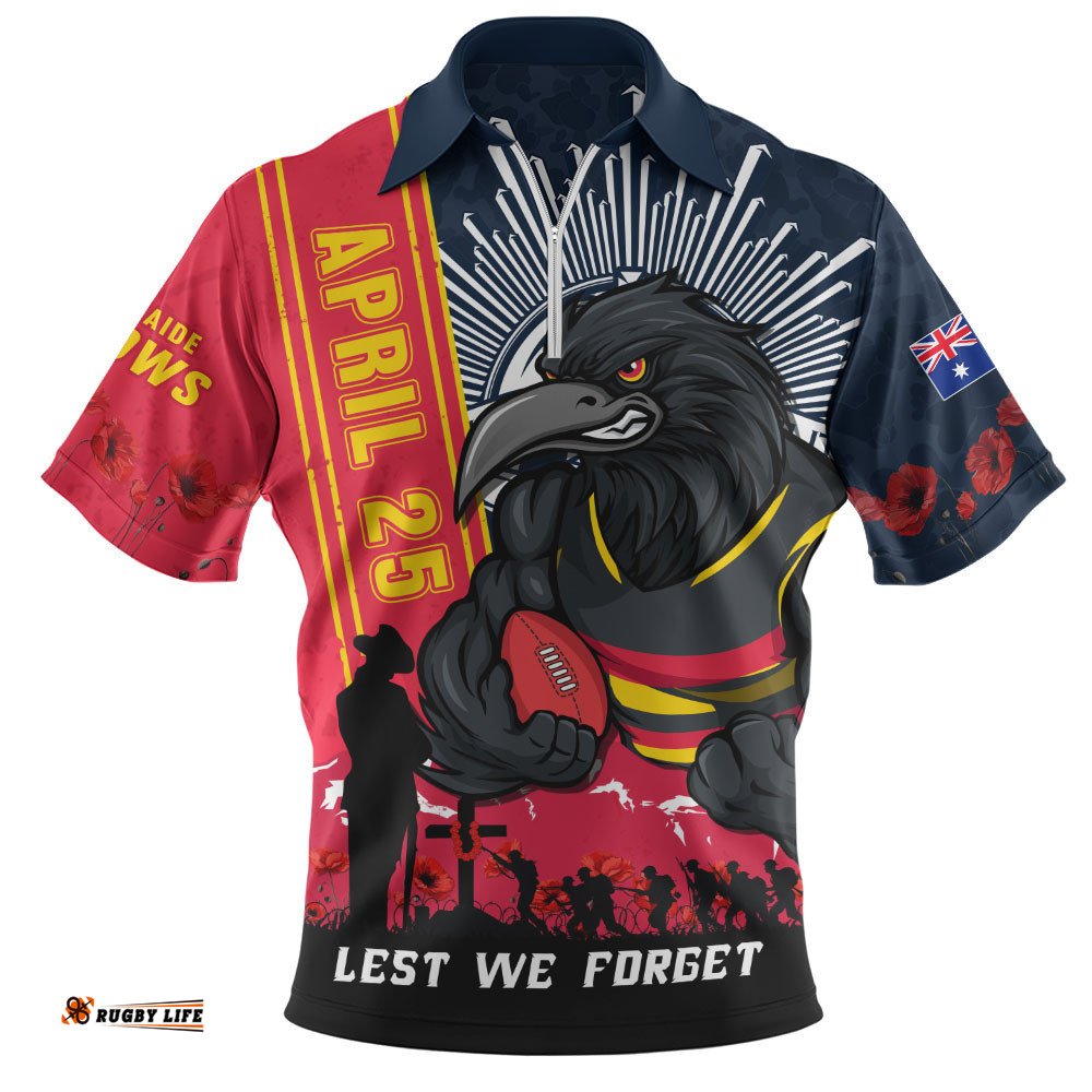 Adelaide Crows Zip Polo Shirt Anzac Day Lest We Forget Memorial