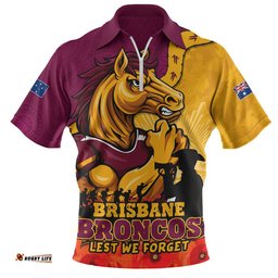 Brisbane Broncos Zip Polo Shirt Anzac Day Remembrance Of Courage Loyalty Valor
