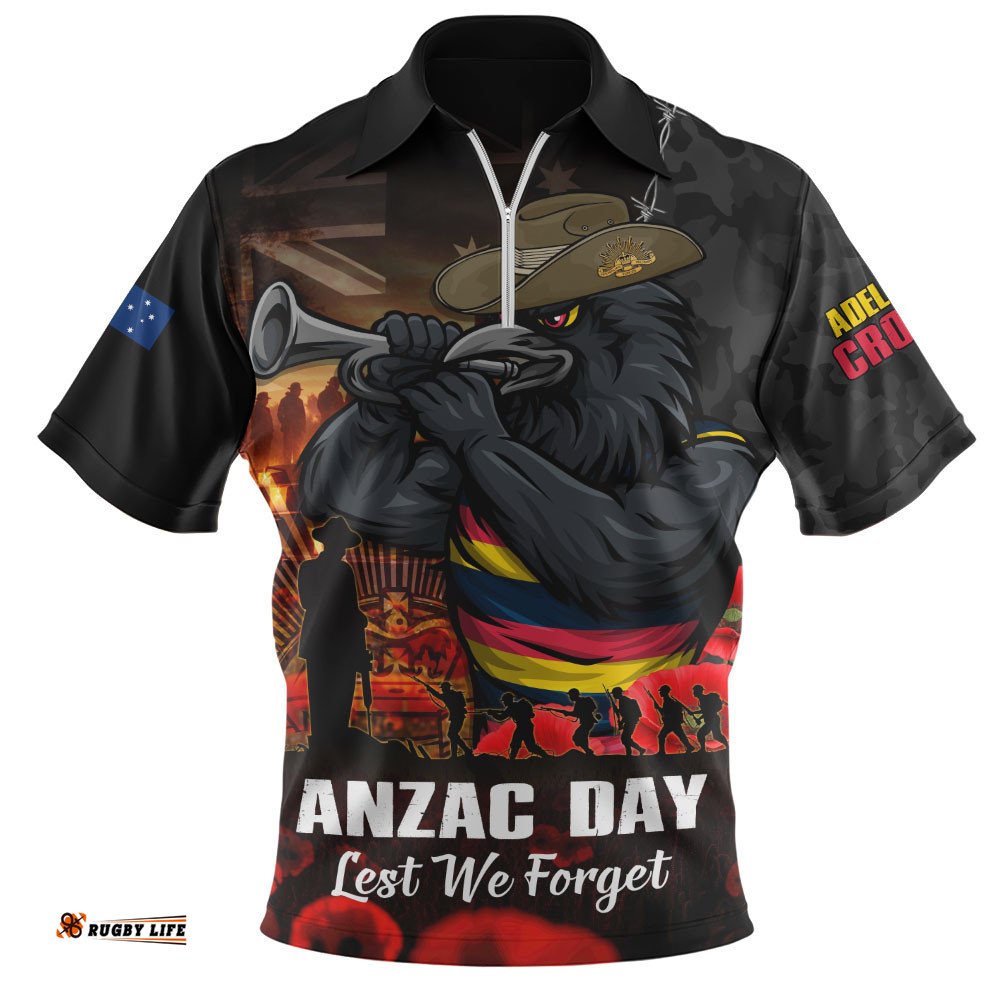 Adelaide Crows Zip Polo Shirt ANZAC Day Lest We Forget Red Poppy And Honor The Brave Tribute
