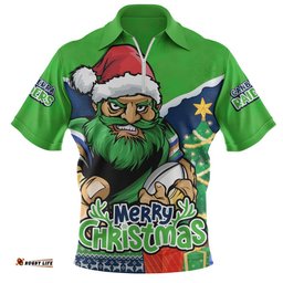 Canberra Raiders Zip Polo Shirt Santa Scoring Touchdown On Christmas Game Day