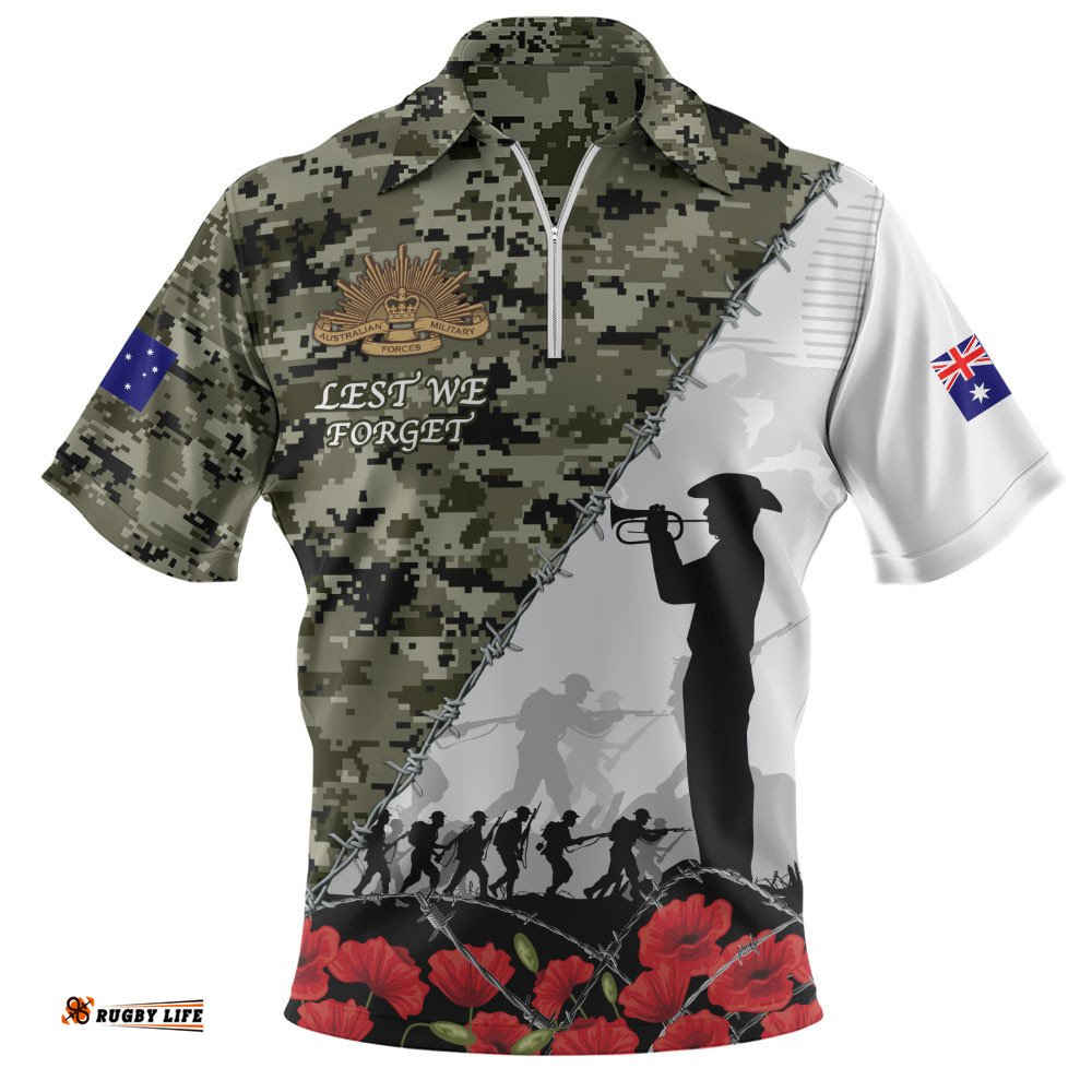 Australia Zip Polo Shirt Anzac Day Poppy And Barbed Wire Of Service