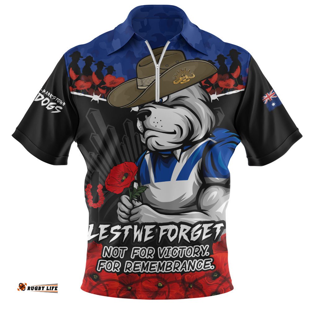 Canterbury-Bankstown Bulldogs Zip Polo Shirt ANZAC Day Red Poppy And Brave Hearts Remembrance