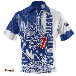 Australia Zip Polo Shirt Australia Day Kangaroo Surfboard Blue Skyline Celebration