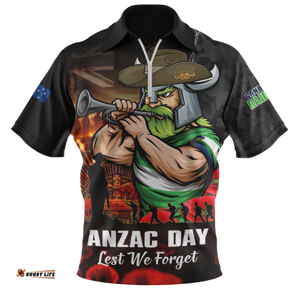 Canberra Raiders Zip Polo Shirt Anzac Day Rising Dawn Ceremony Lest We Forget Courage