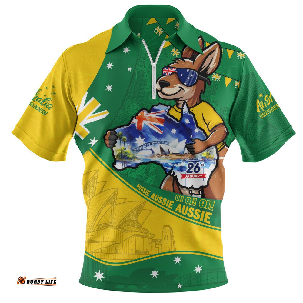 Australia Zip Polo Shirt Australia Day Kangaroo Green Gold Spirit 26 January Holiday
