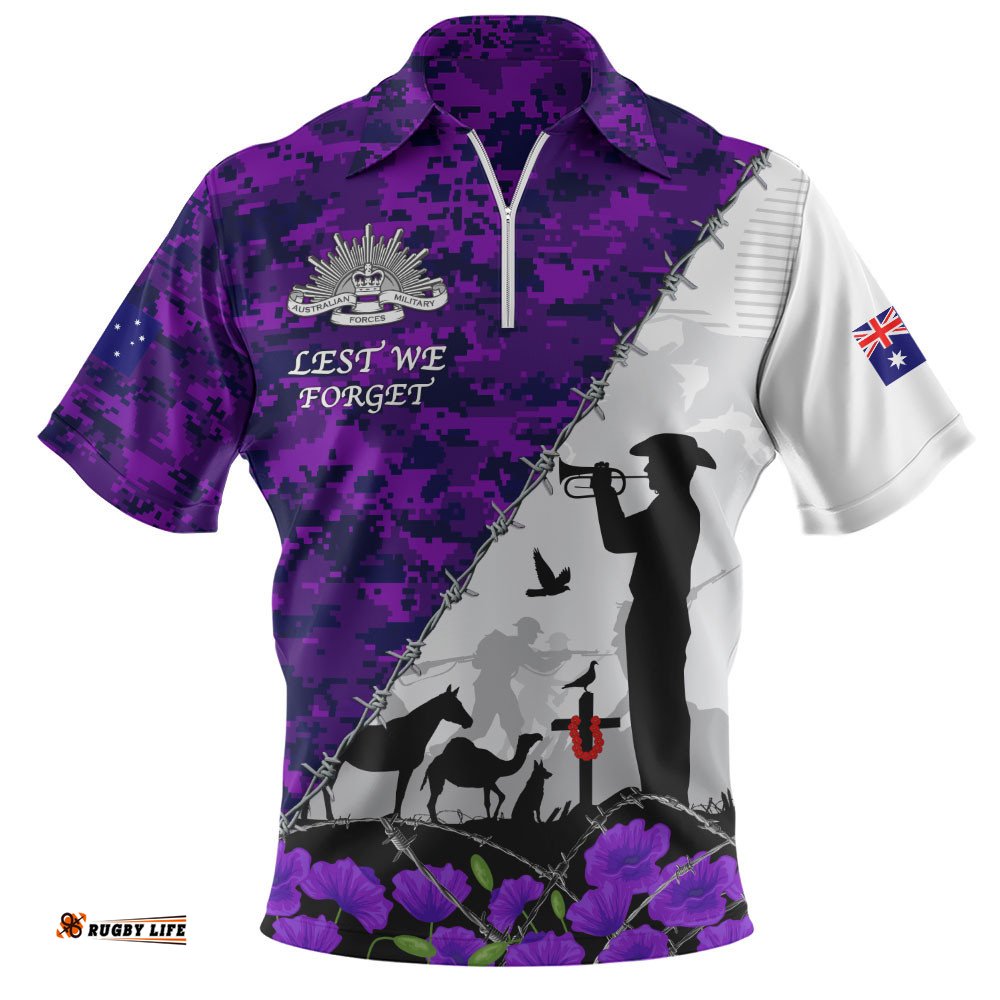 Australia Zip Polo Shirt Anzac Day Two Sides Of Service Purple Poppy Remembrance
