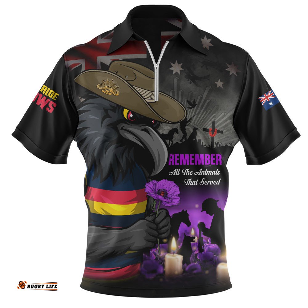 Adelaide Crows Zip Polo Shirt Anzac Day In Memory Of Animals That Served