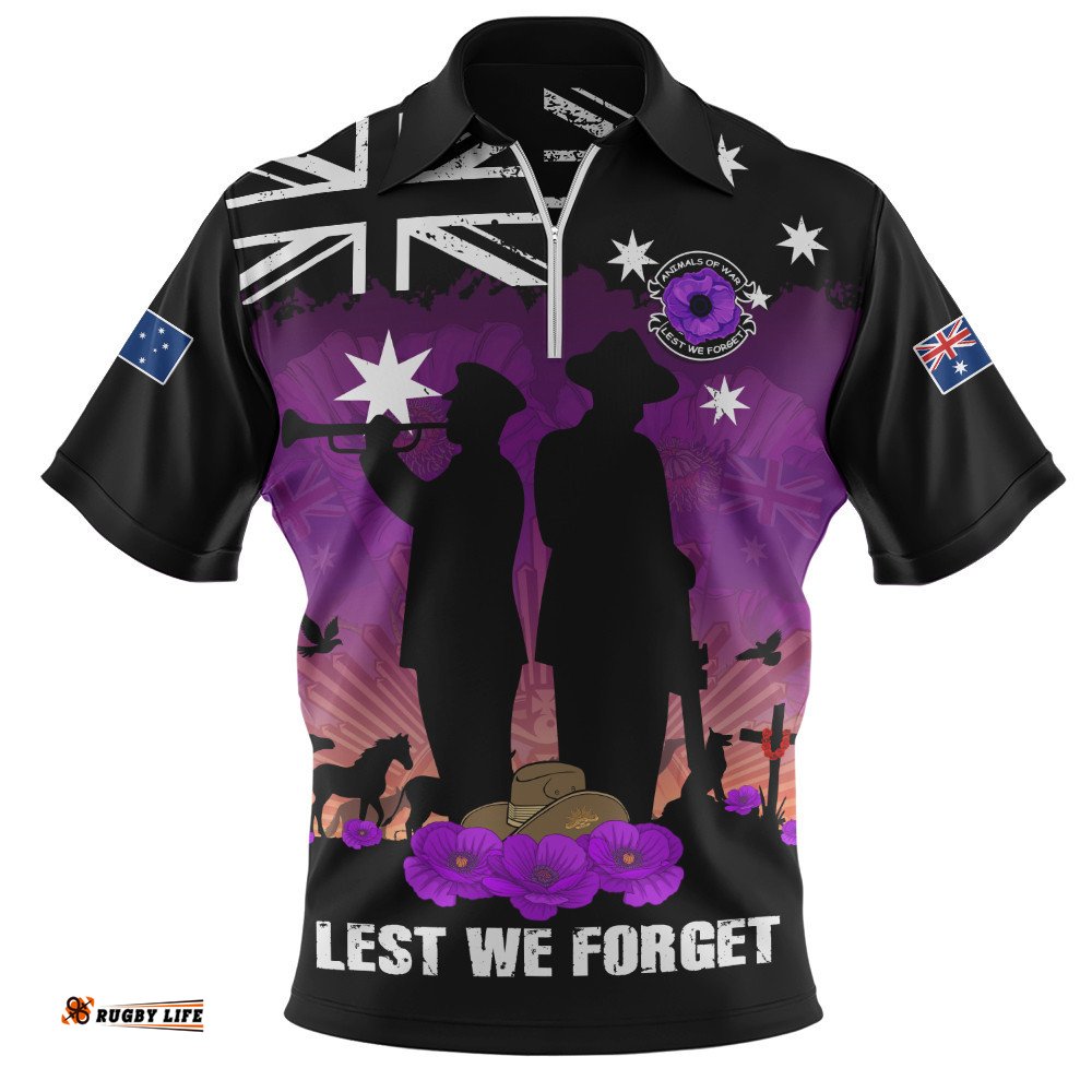 Australia Zip Polo Shirt Anzac Day Remembering Service Animals Sacrifice