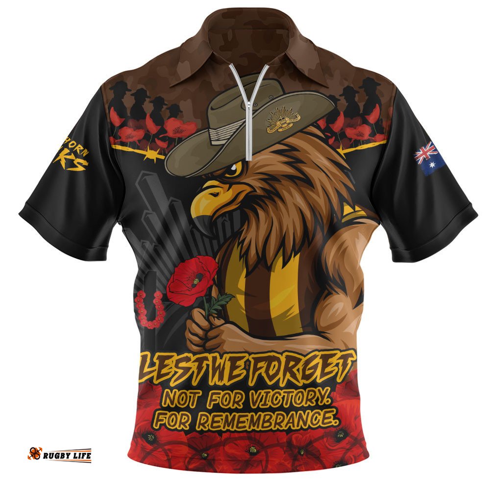 Hawthorn Zip Polo Shirt ANZAC Day Not For Victory For Remembrance