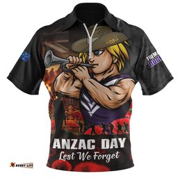 Fremantle Zip Polo Shirt ANZAC Day Lest We Forget Red Poppy And Honor The Brave Tribute