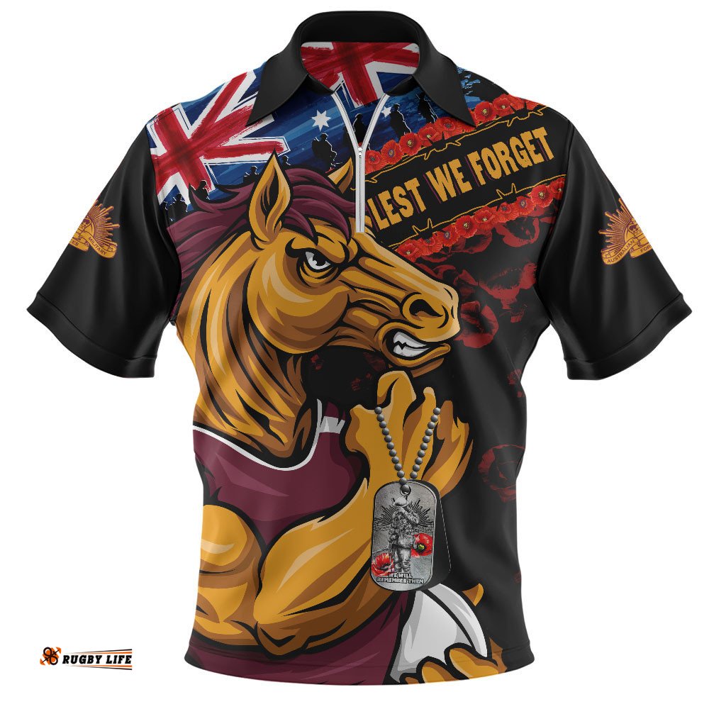 Brisbane Broncos Zip Polo Shirt Anzac Remembrance Of The Fallen