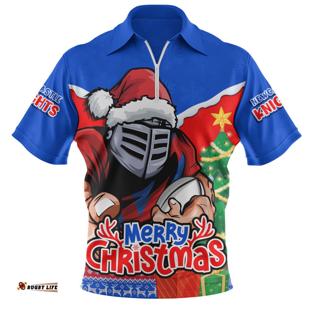 Newcastle Knights Zip Polo Shirt Santa Scoring Touchdown On Christmas Game Day