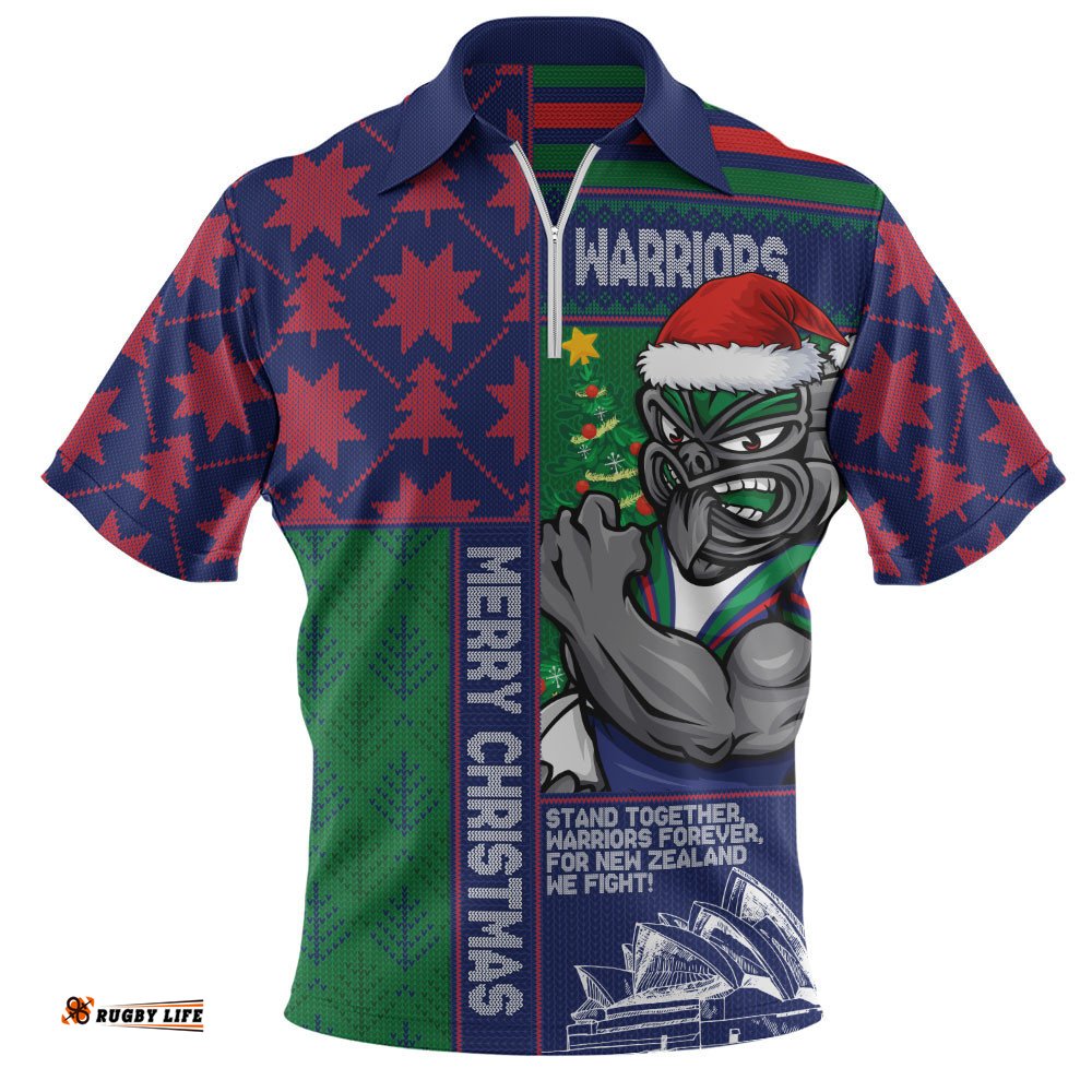 New Zealand Warriors Zip Polo Shirt Christmas Magic Knit Style Winter Glow