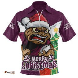 Queensland Maroons Zip Polo Shirt Santa Scoring Touchdown On Christmas Game Day