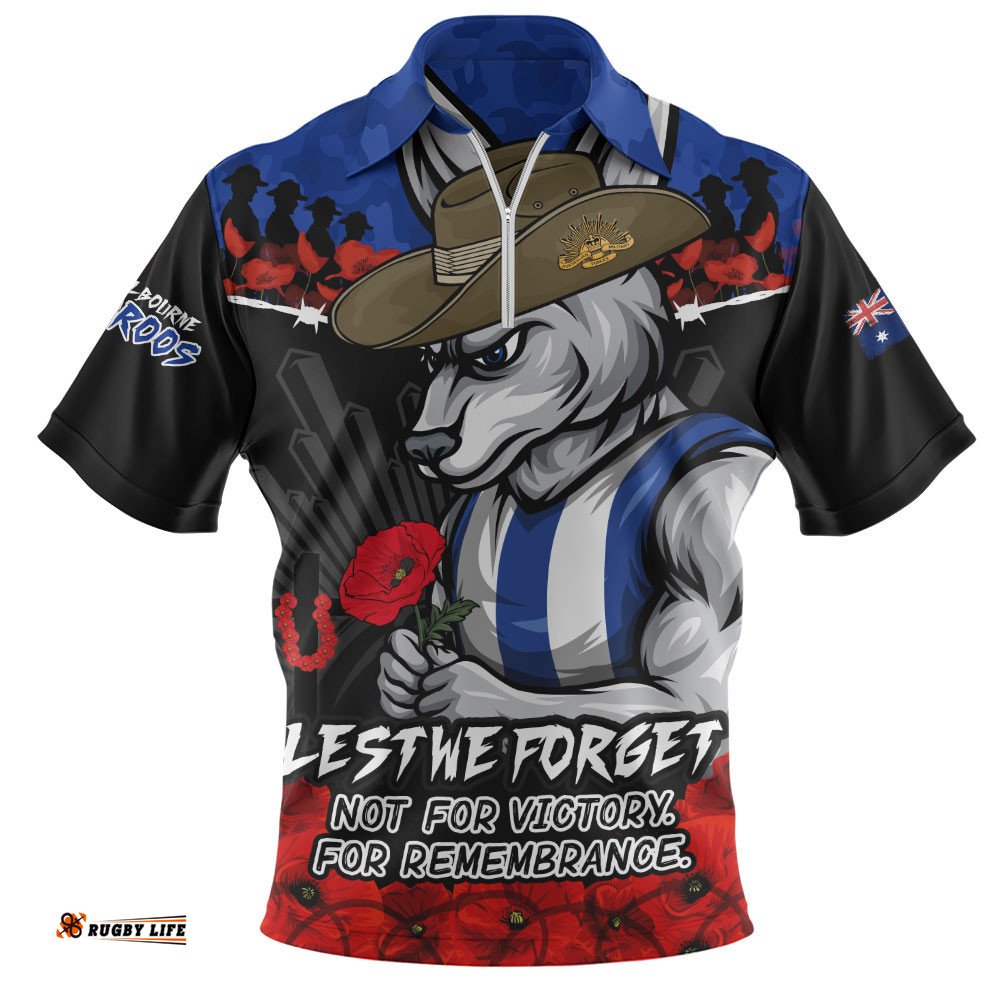 North Melbourne Zip Polo Shirt ANZAC Day Not For Victory For Remembrance