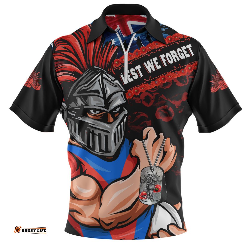 Newcastle Knights Zip Polo Shirt Anzac Remembrance Of The Fallen