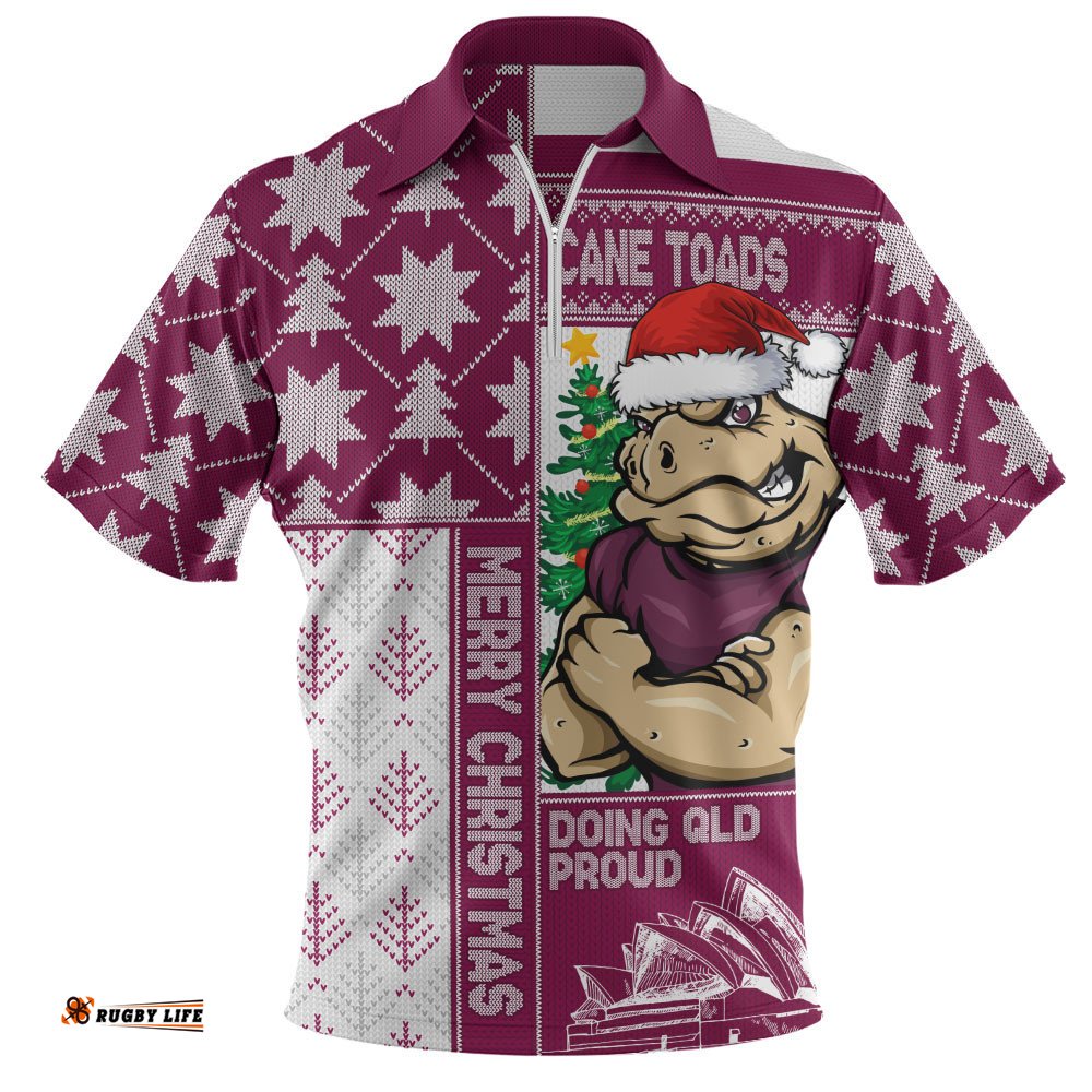 Queensland Maroons Zip Polo Shirt Winter Knit Magic Holiday Spirit