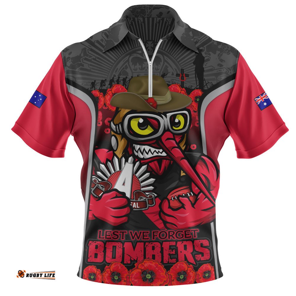 Essendon Zip Polo Shirt Lest We Forget In Eternal Honor And Duty