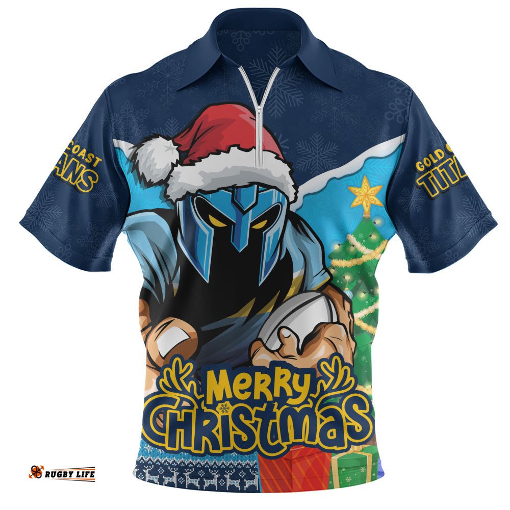 Gold Coast Titans Zip Polo Shirt Santa Scoring Touchdown On Christmas Game Day
